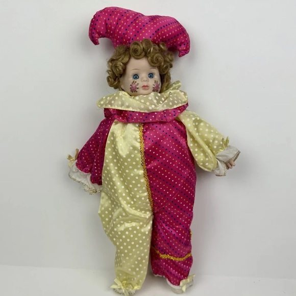 Art Mark 18” Jester Doll Clown Girl Painted Porcelain Face Legs Arms Cloth Body - Picture 1 of 14